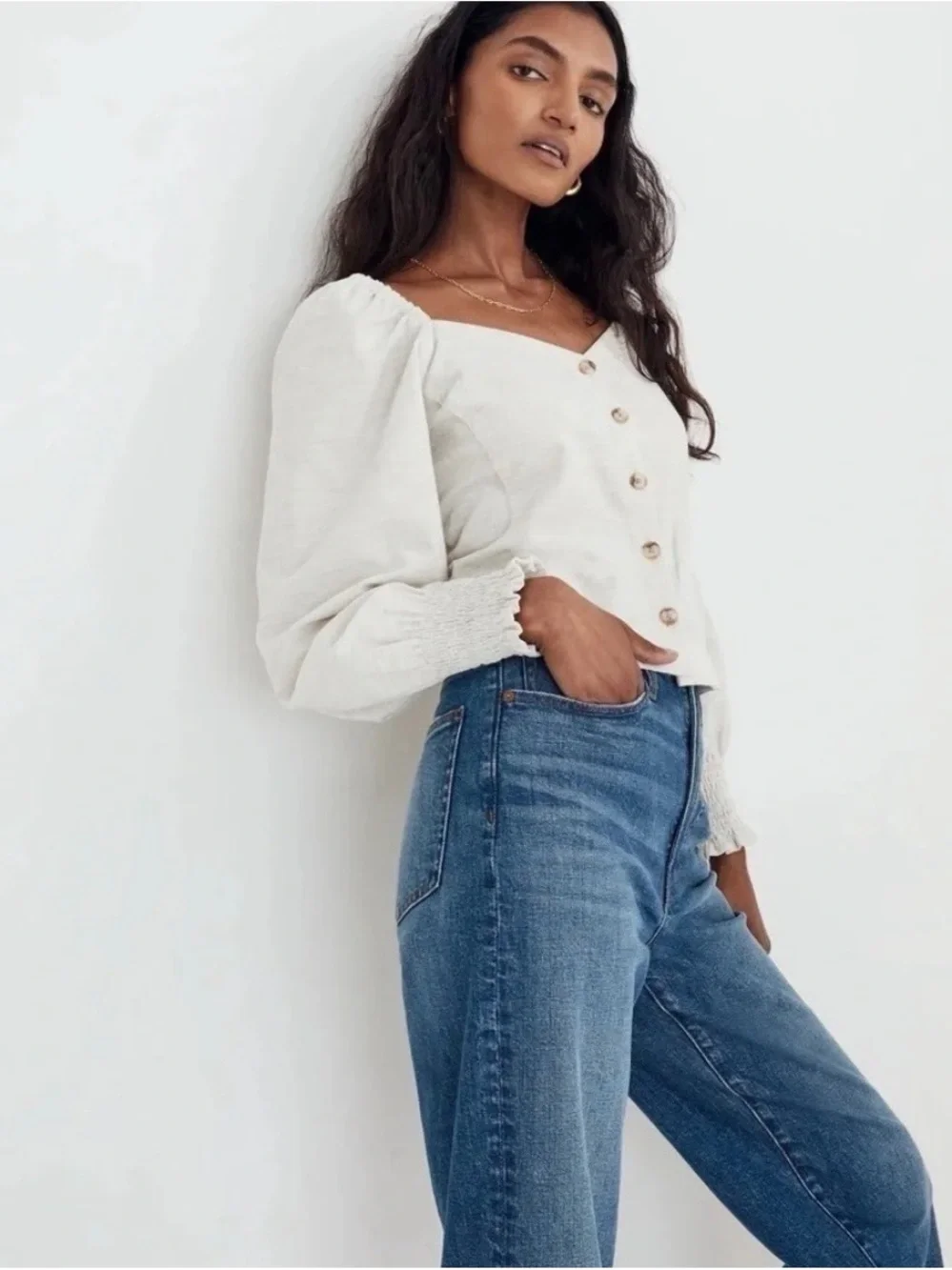 Women’s Cream Button-Front Corduroy Puff Sleeve Top
